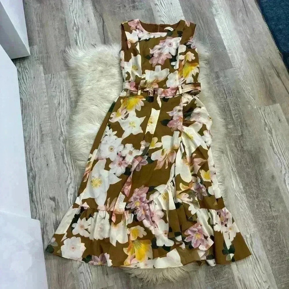 Calvin Klein Women Floral Printed Ruffled,Hem Dress, Tan Wheat Sz 6 - Picture 4 of 10